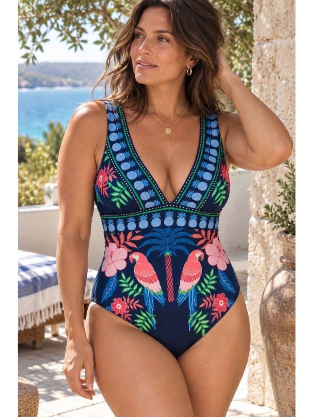 Boden Womens Porto V-Neck Parrots Tropical 1 Piece Swimsuit Size 12 Blue AN NWT